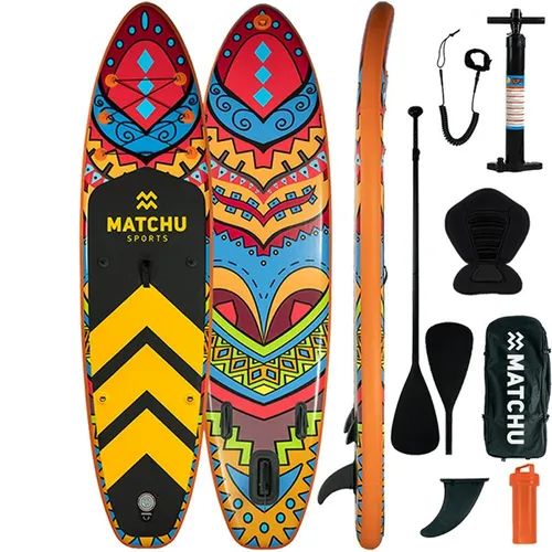 MATCHU Stand Up Paddle-Board Deluxe mit Sitzfläche 10''6 - Aufblasbares SUP Board Set - Das aufblasbare Stand Up Paddle Board Deluxe ist ideal für jedes Abenteuer. Mit der praktischen Zwei-Wege-Pumpe und einem integrierten Druckmesser ist es einfach zu handhaben und bietet viel Komfort für optimale Nutzung.