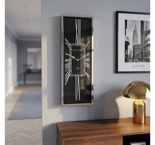 Antikas Art-Deco Wanduhr – Rechteckig in Schwarz-Silber - Elegante Wanddeko mit Glasfront und Nickel-Akzenten. Ideal für stilvolle Räume, verbindet zeitloses Design mit Funktionalität.