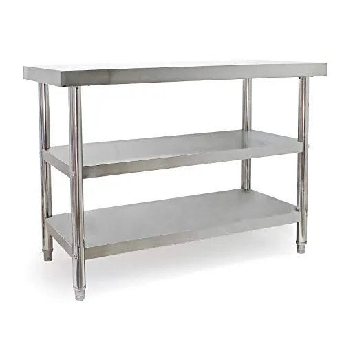 Wiltec Edelstahl Tisch 120x60cm - Robuster Edelstahltisch mit 2 Ablagen und höhenverstellbaren Füßen - Arbeitstisch für Lebensmittelzubereitung aus hochwertigem V2A-Edelstahl, ideal für Gastronomie und Werkstatt. Praktisch mit 2 Ablagen und einfach höhenverstellbar für individuellen Komfort.