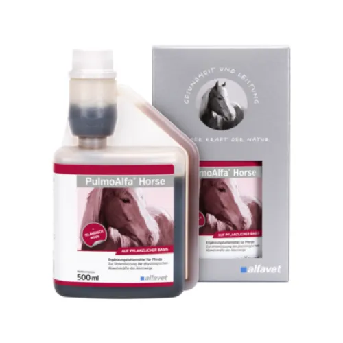 alfavet PulmoAlfa® Horse 500 ml - Stärkung der Atemwege für Pferde - Ergänzungsfuttermittel zur Unterstützung der Abwehrkräfte und Atemwege von Pferden, Fohlen und Ponys, ideal für eine gesunde Atmung.