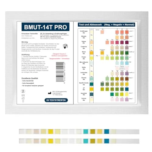 BMUT 25x Gesundheitstest 14in1 Urin Teststreifen für 14 Indikatoren für Ernährung & Bewusstsein Analyse – Glucose, Keton - Urinanalyse