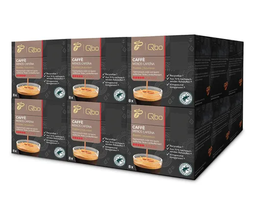 Tchibo Qbo Caffè Menos Cafeína Premium Kaffeekapseln, 144 Stück - Mild und süßlich, entkoffeiniert - Kaffee mit 100% nachhaltigem, Rainforest Alliance-zertifiziertem Kaffee in recyclebaren Kapseln, ideal für Kaffeegenuss ohne Koffein.