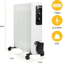 Tristar Ölradiator KA-5181 - 2000 Watt Heizkörper mit 11 Lamellen - Radiatoren mit 3 Heizstufen für individuelle Wärme, ideal für Schlafzimmer und Büros. Der Tristar KA-5181 ist leicht zu bewegen und bietet Sicherheit durch Überhitzungs- und Kippschutz.