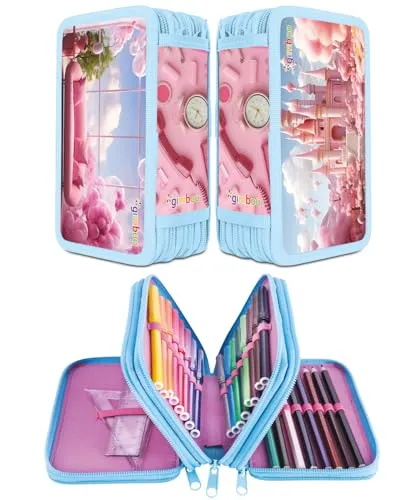 gimboo Schulmäppchen mit Zubehör/Federmäppchen mit großem Fassungsvermögen/Mit 3 Fächer/Federtasche Federmäppchen Stifteetui/Motiv - SÜßES ROSA Motiv/Für Kinder Jungen Mädchen