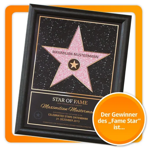 STAR OF FAME STERN Urkunde Bild – Personalisiertes Geschenk für Hollywood Fans - Bilder & Drucke, personalisierte Urkunde mit individuellem Hollywood Walk of Fame Stern, das perfekte Geschenk für Film- und TV-Liebhaber.