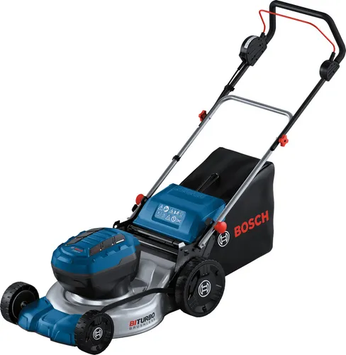 Bosch Rasenmäher GRA 18V2-46 Professional - Akku-Rasenmäher mit 46 cm Schnittbreite und 60 Liter Fangkorb. Ideal für große Rasenflächen bis 1000 m², mit Mulchfunktion und extrem robustem Stahl-Mähdeck.
