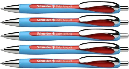 Schneider 132502 Slider Rave XB Kugelschreiber (Weiches Schreiben ohne Kratzen für lange Texte in Schule, Uni und Beruf) 5 Stück, Blau-Rot, Tinte: Rot
