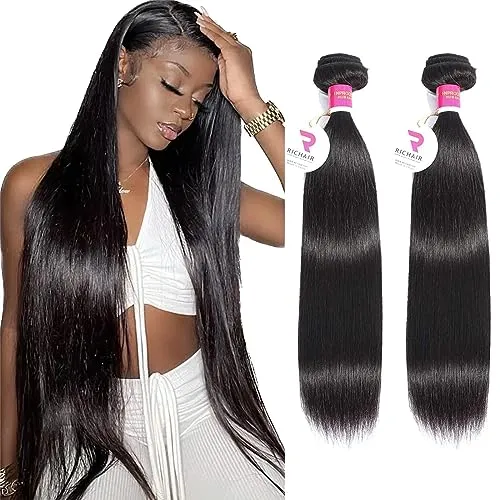 RICHAIR Brazilian Straight Human Hair Bundles, Weave Bundle Human Hair Straight, Unprocessed Straight Hair, 50 g/Bundle (Total 100g), 18 Inches 2 Bundles Human Hair, Natural Black