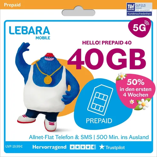 LEBARA Prepaid SIM-Karte mit Hello! 40 Prepaid Tarif ohne Vertrag | Allnet Flat Telefonie & SMS, 40 GB Datenvolumen inkl. 5G und 500 Frei-Min. ins Ausland…