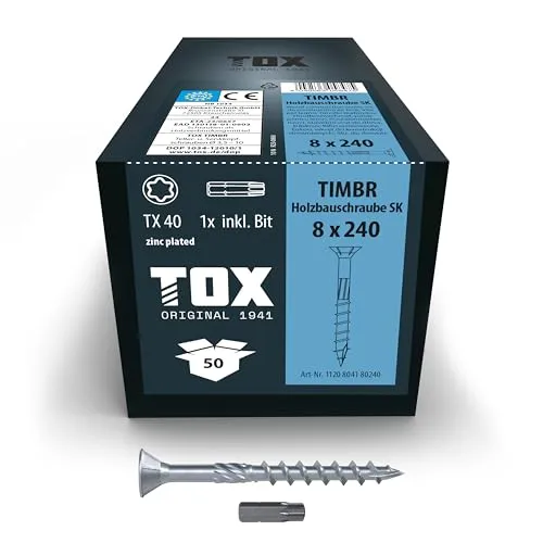 TOX Holzbauschrauben TIMBR SK 8,0 x 240 mm - Holzschrauben für professionelle Montagen, mit flachem Senkkopf für bündige Ergebnisse und Kerbbohrspitze für einfachen Anbiss – ideal für Carports und tragende Konstruktionen, 50 Stück im Karton.