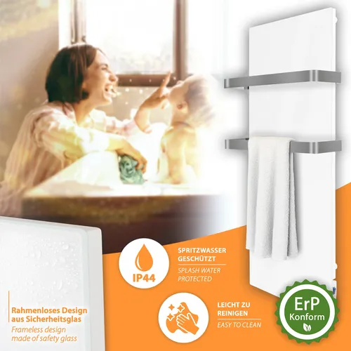 TH400 Infrarot Handtuchheizung 400W - Moderne Badheizung - Die TH400 Infrarot Handtuchheizung überzeugt mit elegantem Glasdesign und smarter Steuerung über App. Ideal zum Trocknen und Erwärmen von Handtüchern, perfekt für ein angenehmes Badezimmerambiente.