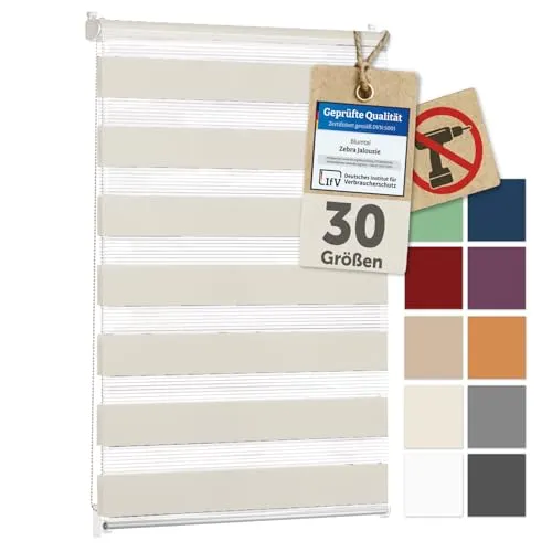 Blumtal Doppelrollo Klemmfix ohne Bohren 70x130 cm - individuell einstellbare Rollos für Fenster ohne Bohren - Fenster Rollos für Innen - leicht installierbare Jalousie Window Blinds Ivory