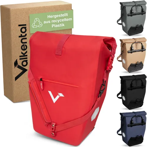 Valkental ValkOcean Fahrrad Gepäckträgertasche rot - Fahrradtasche, wasserdicht und aus recyceltem PET, ideal für Radsportler. Mit 22-28 L Kapazität und Rollverschluss für optimale Sicherheit.