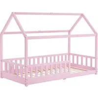 Juskys Kinderbett Marli, 90x200 cm - Hausoptik mit Dach - Betten für Kinder von 3 - 10 Jahren, mit sicherem Rausfallschutz und einem charmanten Dachdesign in Rosa.