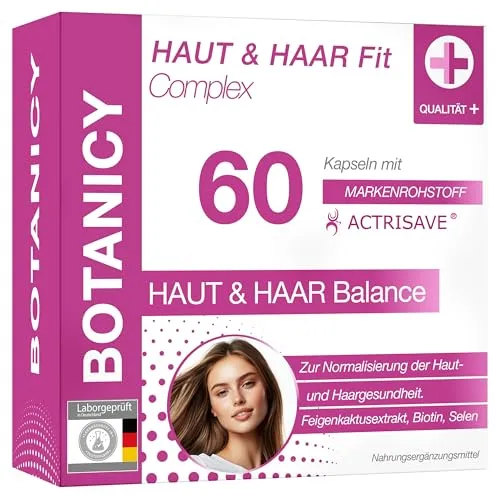 BOTANICY Haut und Haar Fit Complex - Unterstützt gegen hormonelle Akne, Pickel & Haarausfall - Natürlicher Vitalstoffkomplex mit ACTRISAVE® - Für Männer & Frauen - 60 Haut & Haare Kapseln