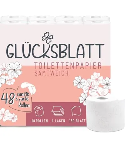Glücksblatt Toilettenpapier SAMTWEICH, 4-lagig, 48 Rollen - Toilettenpapier aus 100% Zellstoff, superweich und dermatologisch geprüft. Die Doppelseitenprägung sorgt für Reißfestigkeit und sanften Komfort. Ideal für naturbewusste Hygiene!