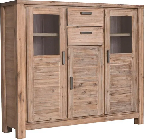 Highboard GUTMANN FACTORY "Tunis" – Beige Massivholz Vitrine - Vitrine aus hochwertigem Massivholz, Höhe 140 cm, mit 2 Glastüren und 3 Einlegeböden – perfekt für stilvolle Wohnräume.