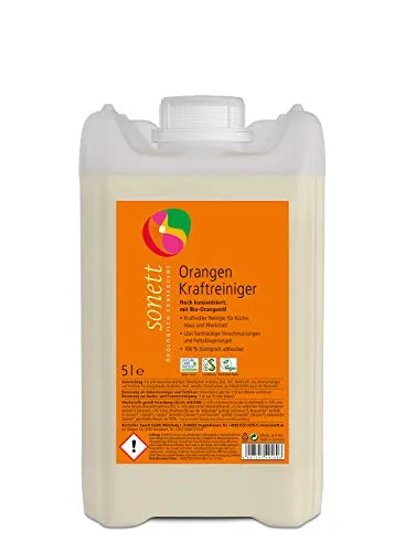 Sonett Kraftreiniger DE4056 - Orangenkraftreiniger 5L - Hochkonzentrierter Reiniger für Küche, Haus und Werkstatt mit Bio-Orangenöl. Löst hartnäckige Verschmutzungen und ist umweltschonend. Ideal für alle wasserbeständigen Oberflächen.
