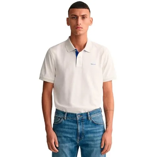 Gant Herren Reg Contrast Pique Rugger Polohemd, Eggshell, L EU - Poloshirts für Herren, Slim Fit Passform betont die Figur und sorgt für höchsten Tragekomfort.