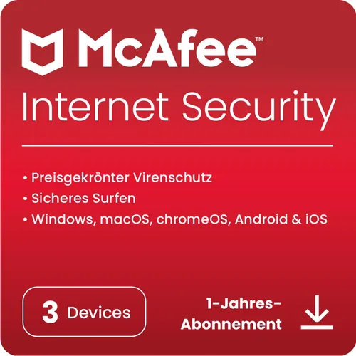 McAfee Internet Security 3 Geräte - 1 Jahr Software - Umfassender Schutz für PCs, Macs, Smartphones und Tablets mit integriertem Kennwort-Manager für sichere Internetnutzung und PC-Optimierung.