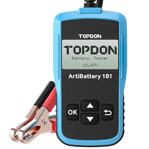 TOPDON AB101 - Universeller 12V Autobatterietester - Prüfen Sie den Zustand Ihrer Autobatterie einfach und sicher! Der TOPDON AB101 Tester unterstützt alle 12V Batterietypen und zeigt präzise Ergebnisse zu Startfähigkeit und Ladesystem an.