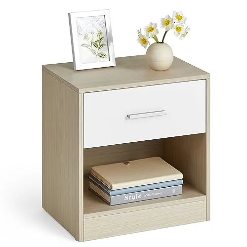VASAGLE Nachttisch mit Schublade und offenem Fach - Stilvoller Nachttisch in naturbeige-wolkenweiß, robust und stabil mit einer Gesamtbelastbarkeit von 75 kg, ideal für Schlafzimmer und Wohnzimmer.