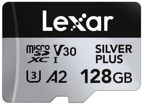 Lexar Silver Plus Micro SD Karte 128GB, Bis zu 205 MB/s Lesegeschwindigkeit, 150MB/s Schreibgeschwindigkeit, Speicherkarte Micro SD mit SD Adapter, UHS-I, A2, U3, V30, Klasse 10, 4K UHD microSDXC