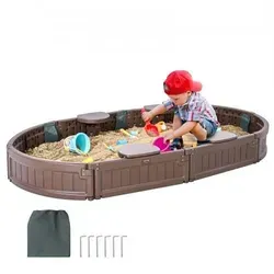 VEVOR Ovaler Sandkasten mit Abdeckung - Sandkasten für Kinder von 3-12 Jahren, aus robustem HDPE, mit großzügigem Spielbereich und einfacher Installation – ideal für den Garten und sicheres Spielen.