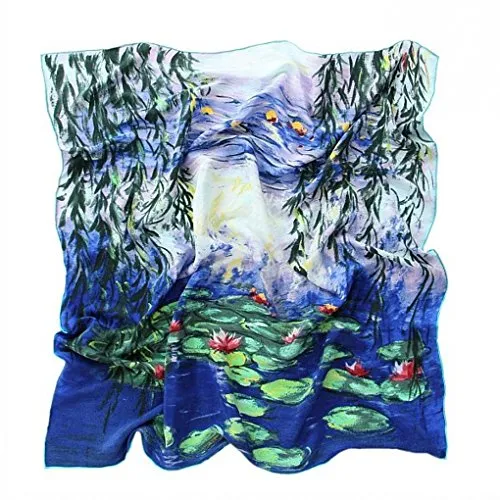 Prettystern Damen Handrolliert Seidentuch 90 Cm Kunst-motiv Seerosen Blau-türkis Tuch Monet 100% Seide P050