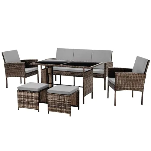 SVITA Gartenlounge-Set DENVER - Stilvolles Rattanmöbel-Set - Garten-Lounge-Set für bis zu 7 Personen, wetterfest und mit bequemen, abnehmbaren Kissen für langen Komfort im Freien.