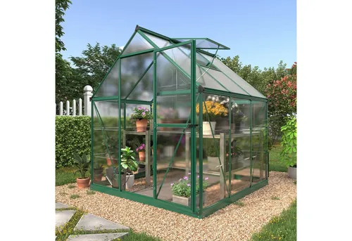KONIFERA Gewächshaus Sunny 182x182 cm - Gewächshaus mit 7 mm Wandstärke, ideal für Hobbygärtner. Verfügt über eine Schwingtür und eine Regenrinne für optimale Bewässerung.
