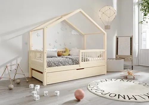 TIMBEE MURLO - Box Holzbett in Hausform mit Gitter und Schublade - Skandinavischer Stil - 80x160cm - Robustes Boxbett aus Kiefernholz mit stabilen Sprossen für erhöhte Sicherheit. Mit praktischer Schublade für zusätzlichen Stauraum oder Schlafplatz. Ideal für moderne Kinderzimmer im skandinavischen Design.