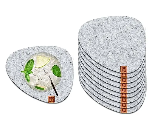 Miqio® Design Filzuntersetzer Stone | 10er-Set | 13 x 11 cm | Nachhaltige Oekotex Glasuntersetzer aus Filz | 10 Untersetzer für Getränke, Gläser, Kerzen, Tassen, Bar | Tischdeko | Hellgrau