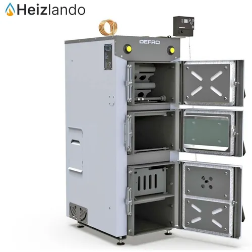 Defro Firewood 12 kW Naturzugkessel - Effizienter Festbrennstoffkessel mit 92,4 % Wirkungsgrad und digitaler Steuerung. Ideal für den Heizungsraum, überzeugt durch kompakte Maße und zuverlässige Leistung.