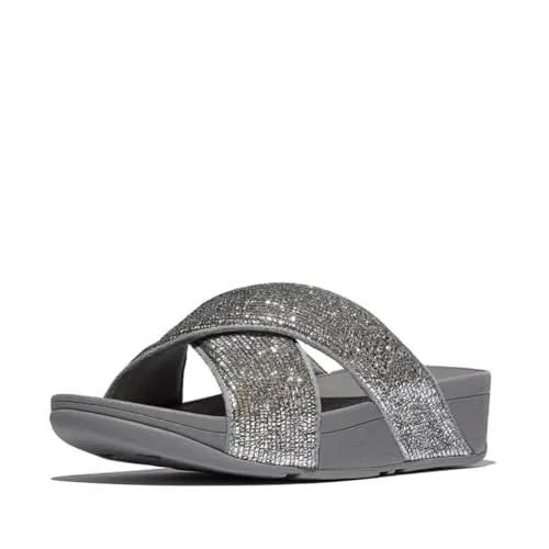 Fitflop Damen Lulu Crinkled-Shimmer Cross Slides, Silvereen, 36 EU - Wanderschuhe mit ergonomischer Form und druckverteilender Mikrowobbleboard-Mittelsohle für optimalen Komfort und Fußgesundheit, von Podologen empfohlen.