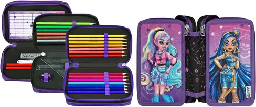 Scooli Federmäppchen Tripledecker, Monster High, befüllt - Federmäppchen in Monster High Design, gefüllt mit 21 hochwertigen Bunt- und Bleistiften sowie einem Geodreieck. Ideal für Ordnung und Kreativität in der Schule!