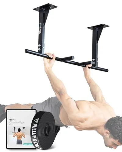 PULLUP & DIP Klimmzugstange für Deckenmontage – Stabil & Vielseitig - Klimmzugstange für die Decke, belastbar bis 180 kg. Fünf Griffpositionen und Anti-Rutsch-Oberfläche für sicheres Home Gym-Training. Inkl. Klimmzugband und eBook für schnelle Fortschritte.