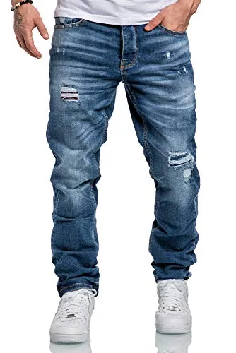 Amaci&Sons Herren Jeans Destroyed 7984 Hellblau - Stylische Herren Jeans im Regular Straight Fit mit trendigen Destroyed-Details und Patches. Ideal für lässige Outfits und komfortablen Sitz. Größe W38/L34.
