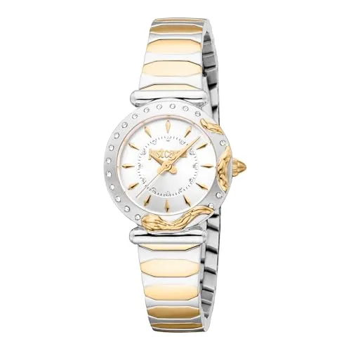 Just Cavalli Damen Analog Quarz Uhr JC1L363M0065 - Elegante Damenuhr mit 28 mm Edelstahlgehäuse in Gelbgold und silbergrauem Zifferblatt. Ideal für modebewusste Frauen, die Stil und Präzision schätzen. Wasserdicht bis 50 m und mit komfortablem Edelstahlarmband.