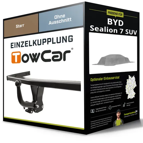 Starre Anhängerkupplung für BYD Sealion 7 SUV - Hochwertige, starre Anhängerkupplung von TowCar für BYD Sealion 7, Baujahr 05.2024 - jetzt. Ideal für schwere Lasten bis 1670 kg, einfache Montage ohne Eintragung in Fahrzeugpapiere.