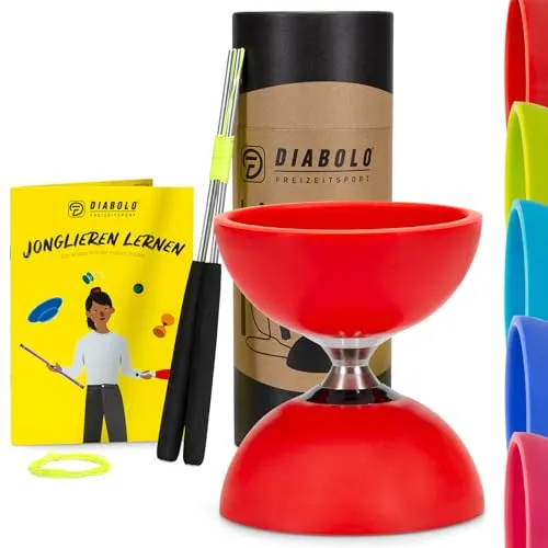 Diabolo Freizeitsport Jonglier-Set Pro – Kugelgelagertes Diabolo in Rot - Jongliersets mit kugelgelagerter Freilaufachse für längeren Schwung und Stabilität. Inklusive Aluminium Handsticks, Ersatzschnur und Jonglageanleitung – perfekt für Einsteiger und Profis!