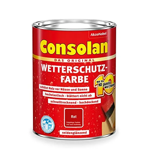 Consolan Wetterschutzfarbe, Deckender Holzschutz für Außen, Rot, 750ml