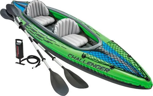 Intex Schlauchboot Challenger K2, 2 Plätze - Aufblasbares Kajak, ideal für ruhige Gewässer, mit stabiler SuperStrong-PVC-Konstruktion und praktischem Zubehör für ein komfortables Paddelerlebnis.