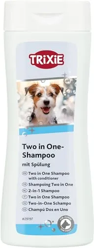 TRIXIE Shampoo mit Spülung – 2-in-1-Fellpflege für geschmeidiges Fell – 250 ml - PRAXISNAH: Das TRIXIE Shampoo mit Spülung kombiniert Reinigung und Pflege, ideal für eine unkomplizierte Fellroutine. MIT D-PANTHENOL UND JOJOBAÖL: Diese Wirkstoffe sorgen für eine sanfte Pflege und unterstützen ein leicht kämmbares Fell.