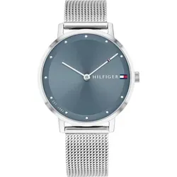 Tommy Hilfiger Zwei-Zeiger-Quarzwerk-Uhr für Damen - Elegante Armbanduhr mit blauem Sonnenstrahlen-Zifferblatt und silbernem Edelstahl-Mesh-Gliederarmband, wasserabweisend bis 3 bar – ideal für jeden Anlass.