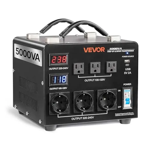VEVOR Spannungswandler-Transformator 5000VA - Stromtransformatoren mit automatischer Eingangsspannungserkennung, 5000VA Leistung und vielseitigen Ausgangsbuchsen für maximale Flexibilität.