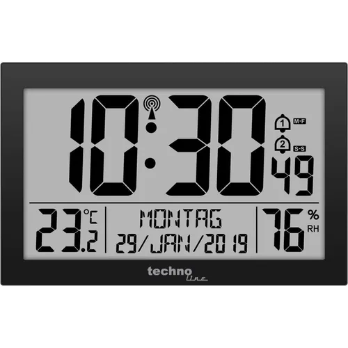Technoline WS 816 Funkwanduhr in Schwarz - Moderne Wanduhr mit großem LCD-Display, zeigt Uhrzeit, Datum, Wochentag, Temperatur und Luftfeuchtigkeit an – ideal für Foyers, Praxen und Hotels.