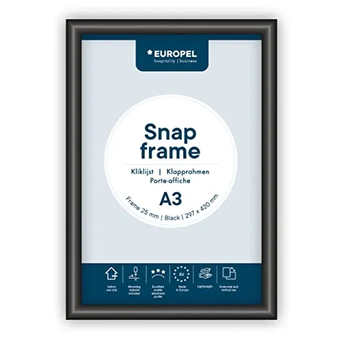 EUROPEL Klapprahmen A3 mit 25 mm Aluminium-Profil - aufklappbarer Plakatrahmen mit Gehrungsecke - Schnapprahmen für u.a. Poster, Zertifikate, Fotos & Werbemittel - Schwarz, 355029