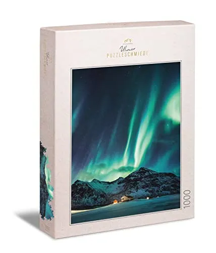 Ulmer Puzzleschmiede - Puzzle „Schauspiel der Nacht“ - Klassisches 1000 Teile Skandinavien-Puzzle - Imposante Polarlichter in der Langen Nacht – Premium-Landschafts-Puzzle Made in Germany