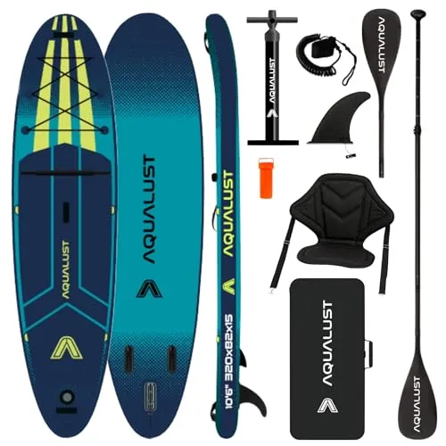 AQUALUST 10.6 iSUP Board Stand Up Paddle Set Surfboard aufblasbar 320cm SUP 150 KG türkis (Boardset+Kajakpaddel+Sitz)